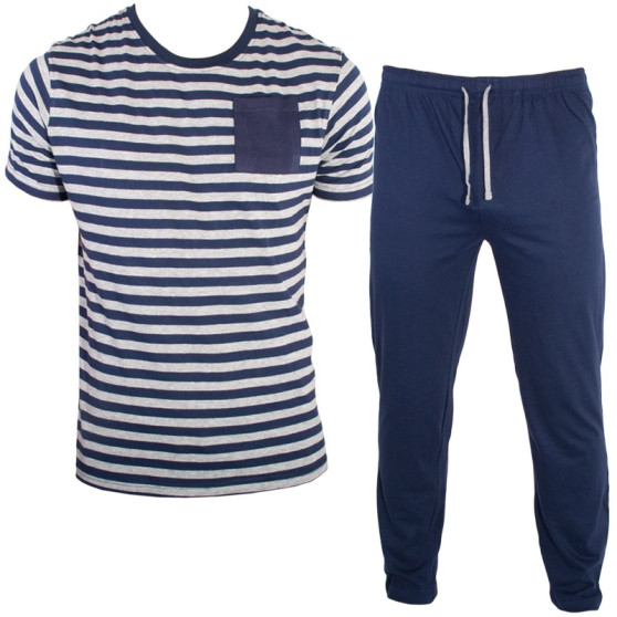 Pijama largo de hombre Molvy azul rayas grises