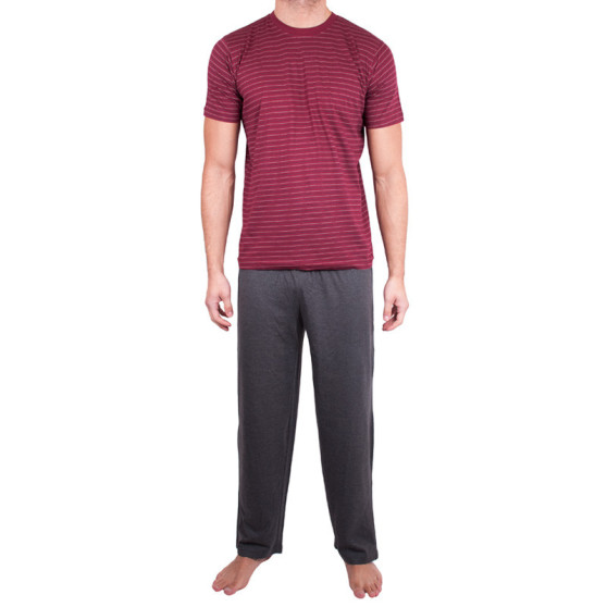 Pijama largo de hombre Molvy rayas grises y rojas (KT-019)